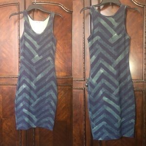 Midi dress, green and blue, stretch material